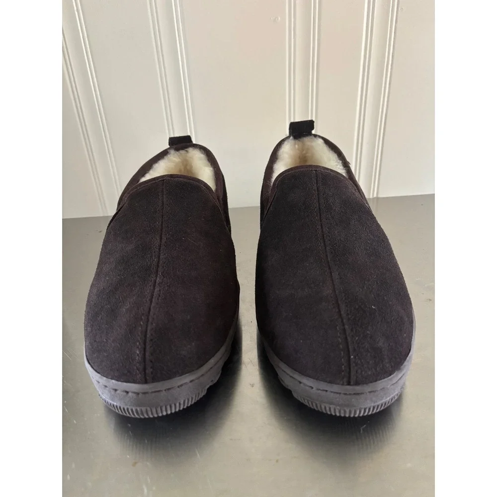 Aden Mens Suede Slippers Dark Brown Lambskin Lined House Shoes Size 10